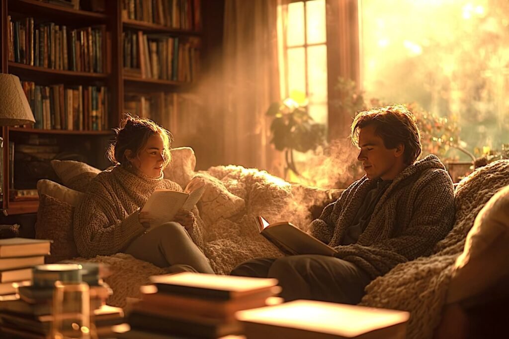 man and woman in golden glowing lit room holding books and looking up at each other, with books on table in front of them, and bookshelves behind them. 