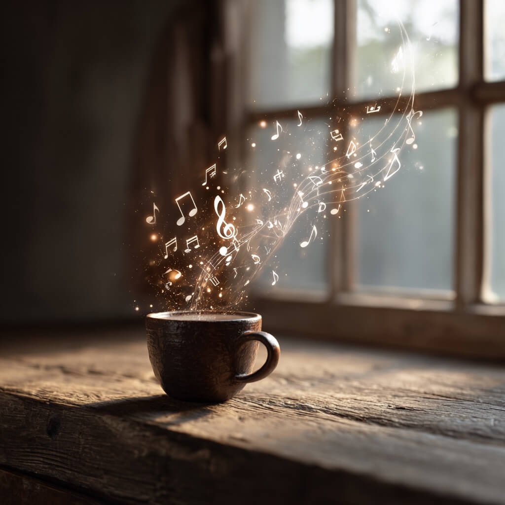 a coffee cup on a wooden table, in front of a window, with glowing music notes floating about and from it