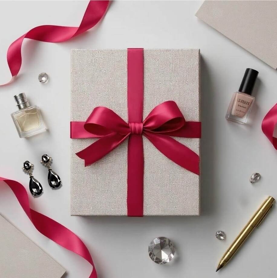 HerCoverPhoto2tiny rectangular gift box wrapped with dark berry colored ribbon tied with a bow, and items scattered around the table around it. Perfume bottle, makeup bottle, earrings, clear crystals, a pen