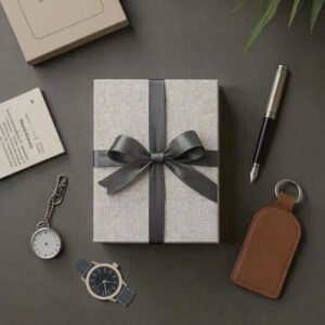 rectangular box with silver grey ribbon tied in a bow, with items scattered around it on the table. Scatter includes a key chain, a pen, a pocket watch, a book a wristwatch