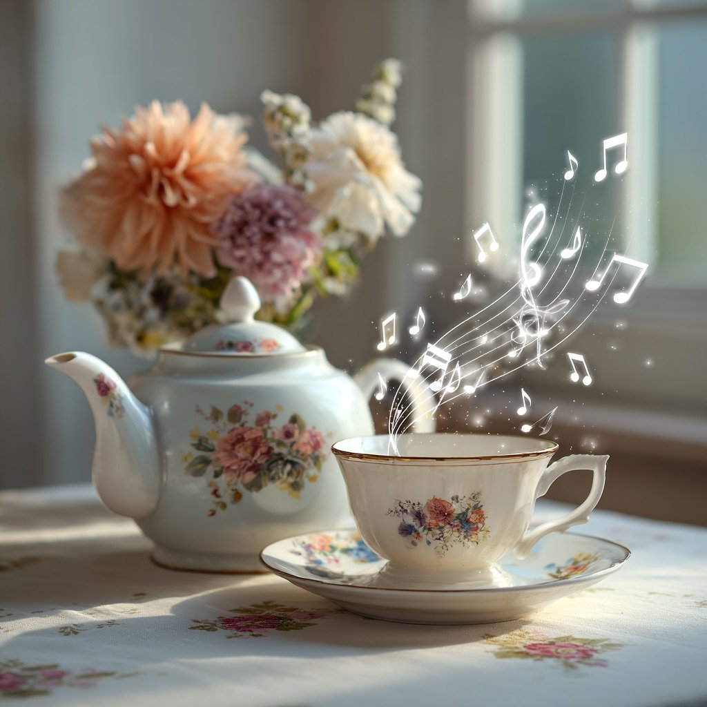 a white floral teapot on a floral tablecloth, with pastel flowers in vase behind. Glowing musical notes floating out of the cup.